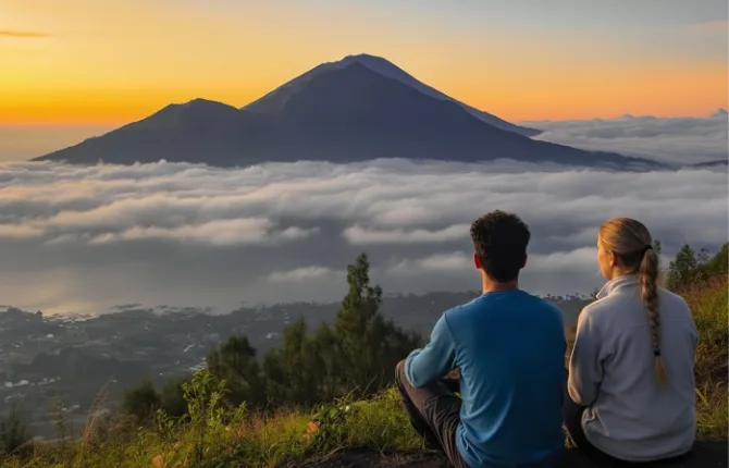 Couple watching sunrise at Mount Batur
